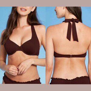 NWOT Women's Light Lift Pique Textured Halter Bikini Top Shade & Shore Brown 36D